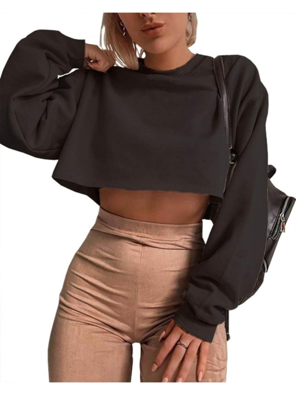 Stylish Women's Crewneck Long Sleeve Crop Top - Casual Workout Pullover